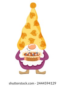 Funny gnome with a pie. Autumn. Vector illustration