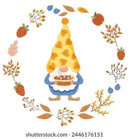 Funny gnome with a pie. Autumn. Vector illustration