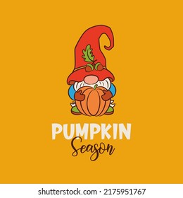 Funny gnome with pumpkin card design. Cute nordic gnome holding pumpkin and lettering Pumpkin season on yellow background autumn color.