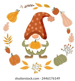 Funny gnome with a pumpkin. Vector illustration