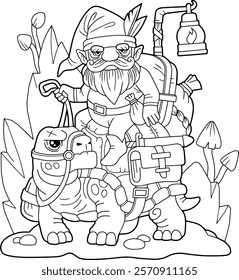 funny gnome rider riding a turtle, coloring book