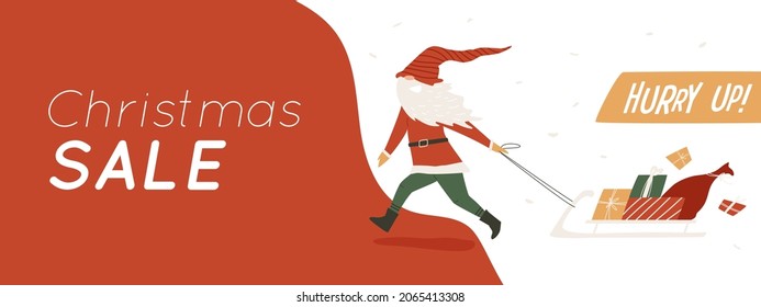 Funny gnome running with sleigh and scatters gifts. Christmas Sale concept. Humorous banner with happy dwarf in Santa costume, long stripped cap, Hurry up text, abstract shape, red and white backdrop