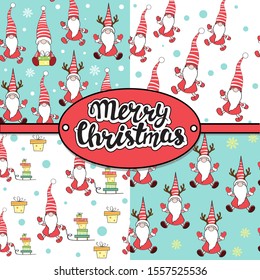 Funny gnome santa seamless pattern background collection on a white and blue background