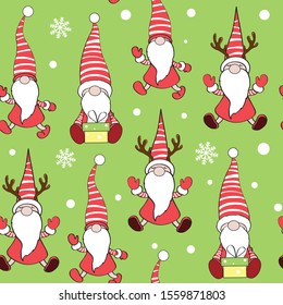 Funny gnome santa seamless pattern on a green background
