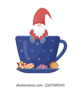 A funny gnome sits on a cup with cookies. Vector isolated color illustration for winter holidays greetings.
