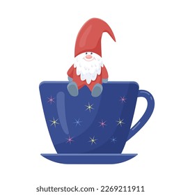 A funny gnome sits on a cup. Vector isolated color illustration for winter holidays greetings.