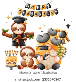 Funny Gnome and Sloths Lazy Happy Graduation Cap Books,medal, Laurel wreath Olive, Cake Sign Black Yellow Elements Watercolor Vector File , Clipart cartoon style For banner, poster, card, t shirt