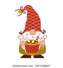 Genoma engraçado, ilustração vetorial. Um elfo bonito com barba segura uma caneca. Bebida quente de outono, café ou cacau com marshmallows. Anão de chapéu quadriculado. Clipart de desenhos animados acolhedor para Ação de Graças, festa de outono