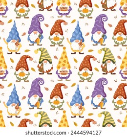 Funny gnomes. Autumn theme. Vector illustration. Seamless pattern