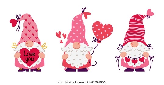 Funny gnomes celebrate Valentine's Day. Cute bearded elves hold a heart, a balloon, a garland. Cartoon dwarves in hats. Love party, romantic surprise. Hand drawn vector set, flat isolated clipart