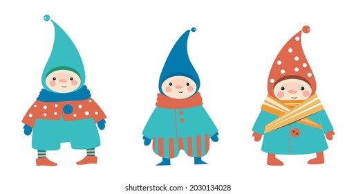 Funny gnomes in funny clothes. Vector set of separate images.