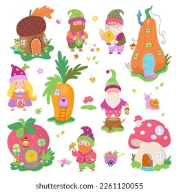 Funny gnomes and fairy houses. Forest dwarves, vegetable home in pumpkin and carrot. Mushroom gnome house, magic tale nowaday vector characters