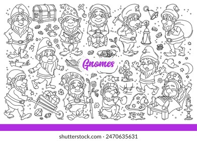 Funny gnomes from fairy-tale universe resting or mining for precious stones. Adventures of gnomes walking and growing plants in garden or playing musical trumpet. Hand drawn doodle