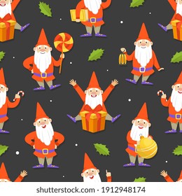 Funny Gnomes and Gifts Seamless Pattern, Cute Dwarves on Red Suits for Fabric, Wallpaper, Wrapping Paper, Textile, Background Design Vector Illustration.