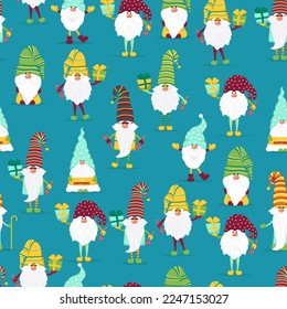 Funny gnomes with gifts seamless pattern. Cheerful gnomes in hats vector characters flat style.