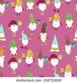 Funny gnomes with gifts seamless pattern. Cheerful gnomes in hats vector characters flat style.