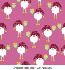 Funny gnomes with gifts seamless pattern. Cheerful gnomes in hats vector characters flat style.