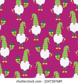 Funny gnomes with gifts seamless pattern. Cheerful gnomes in hats vector characters flat style.