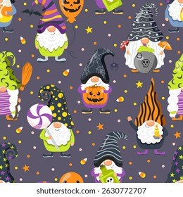 Funny gnomes in Halloween costumes celebrate the holiday. Cartoon scandinavian, seamless pattern