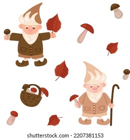 Funny gnomes with a staff and basket, leaves and wild mushrooms seamless pattern. Hand drawn vector illustration. Suitable for web background, gift paper, fabric or textile.