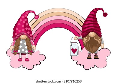 Funny gnomes standing on pink clouds with rainbow. Valentines day card, vector illustration