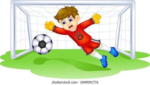 funny goalkeeper cartoon in action with smile and waving