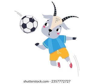 Funny Goat Animal Character Playing Football Wearing Uniform Passing Ball Vector Illustration