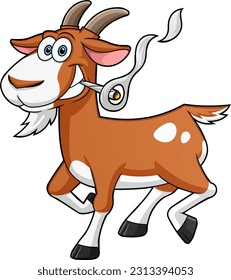 Funny Goat Cartoon Character Running And Smoking A Joint. Vector Hand Drawn Illustration Isolated On Transparent Background