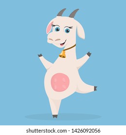 Funny goat character design. Happy, smiling white nanny-goat with big eyes. Farm animal.  Cartoon vector illustration.