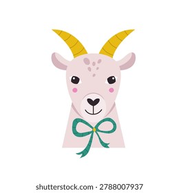 Funny goat character with tied bow, cute flat vector illustration.