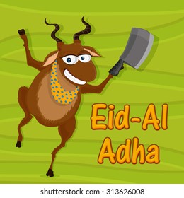 Funny goat holding chopper on stylish green background for Islamic Festival of Sacrifice, Eid-Al-Adha celebration.