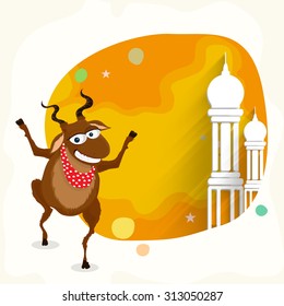 Funny goat with mosque in stylish frame for Islamic Festival of Sacrifice, Eid-Al-Adha celebration.