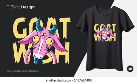 Funny goat. Prints on T-shirts, sweatshirts, cases for mobile phones, souvenirs. Isolated vector illustration on black background.