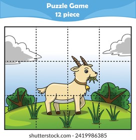 Funny goat. Puzzle games for kids. 12 piece. Child education. Vector illustration
