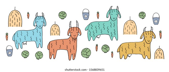 Funny goats and hand drawn elements. Animals on the farm. Eps10 vector line-art illustration.
