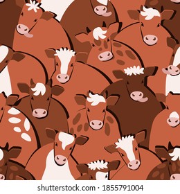 Funny gobies seamless pattern. Symbol of 2021. Fabric print with cute calves. Mischievous calves with horns, tongues and a speck. Flat vector illustration.