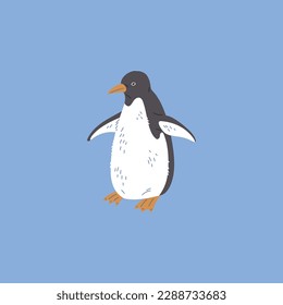 Funny going penguin arctic animal flat style, vector illustration isolated on blue background. Adult black and white flightless bird, decorative design element