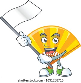 Funny gold chinese folding fan cartoon character style holding a standing flag
