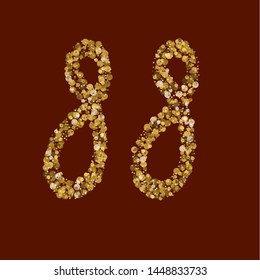 Funny gold design. 88 golden glitter number. Clean latin alphabet. Handwritten, modern. Vector ABC. Latin calligraphy.