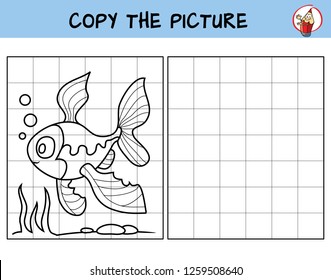 Funny gold fish. Copy the picture. Coloring book. Educational game for children. Cartoon vector illustration