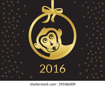 Funny gold monkey symbol for 2016 chinese year. Isolated on black