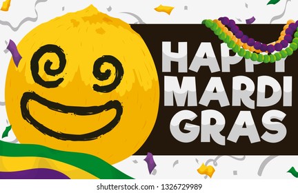 Funny golden coconut with a smile painted, partying during Mardi Gras carnival with colorful collars, flag, confetti and streamers.