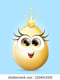Funny golden easter egg princess with crown shine bright and smiling 