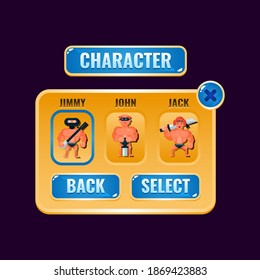 funny golden jelly game ui character selection pop up interface for gui asset elements vector illustration