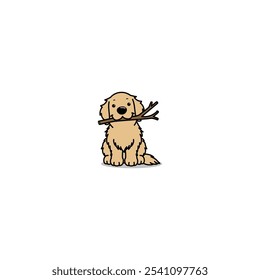 Funny golden retriever dog carrying stick cartoon, vector illustration