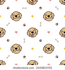 Funny golden retriever dog face cartoon seamless pattern, vector illustration