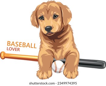 Funny golden retriever puppy are baseball lover. Vector