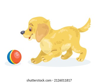 Funny golden retriever puppy is playing with a ball. In cartoon style. Isolated on white background. Vector flat illustration.