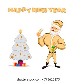 A funny golden Santa is holding a glass of champagne and a silver Christmas tree.