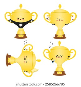 Funny Golden trophy cup characters bundle set. Vector hand drawn doodle style cartoon character illustration icon design. Cute Golden trophy cup mascot character collection